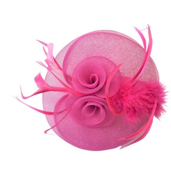 Pink Headband Fascinator with Pink Feathers and Pink Rosettes main image 12